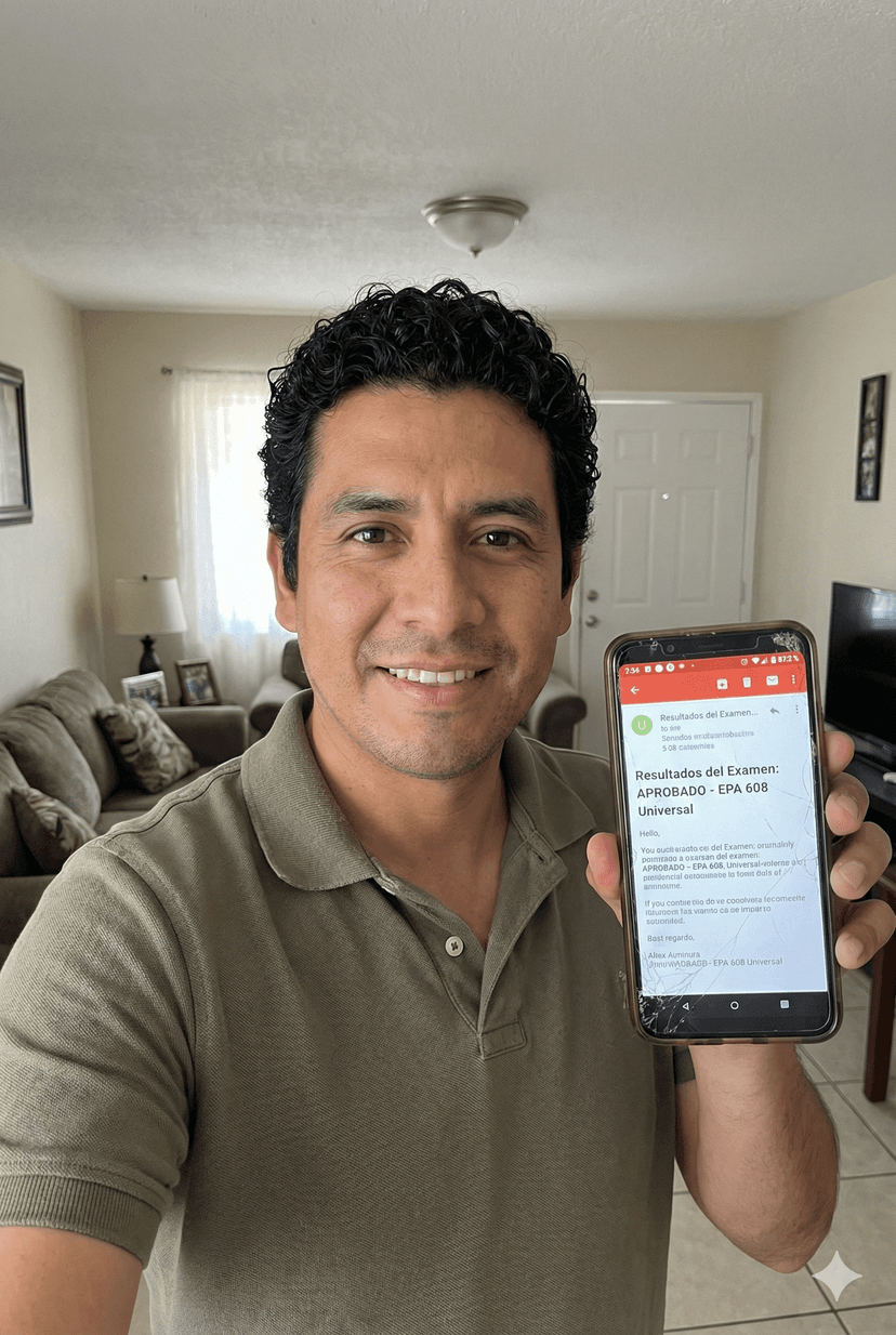 Technician celebrating EPA 608 certification